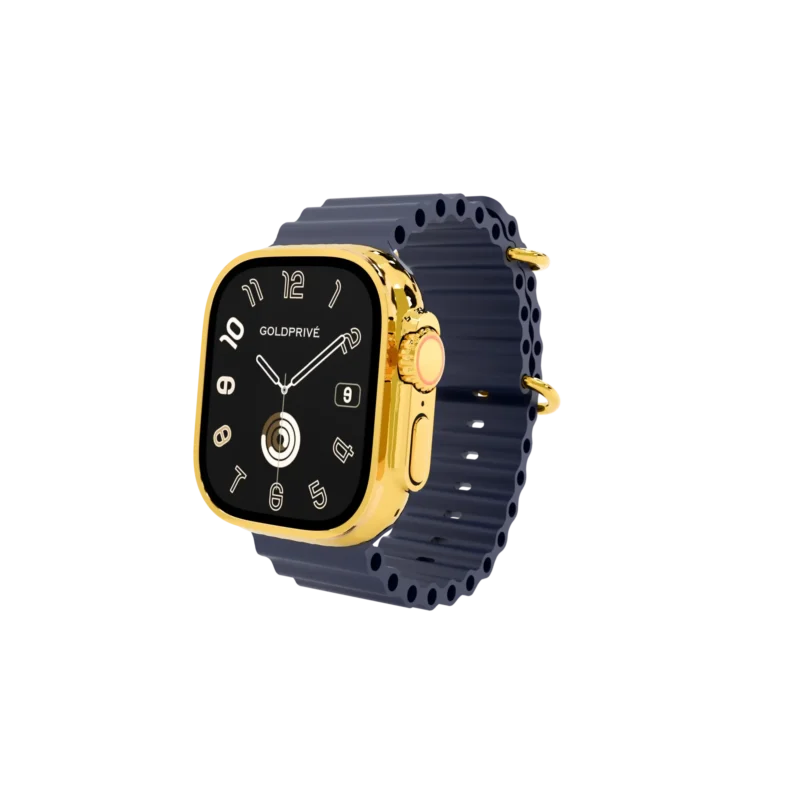 Gold Apple Watch Ultra 4 Navy Ocean Band in 24K Gold on Apple's navy ribbed band
