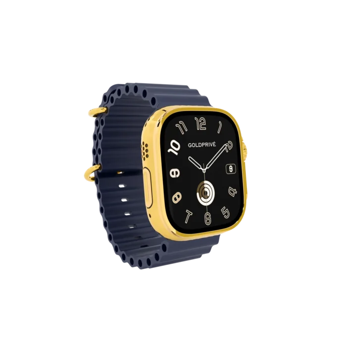 Gold Apple Watch Ultra 4 with Navy Ocean Band – Gold, Rose Gold & Platinum - Image 4