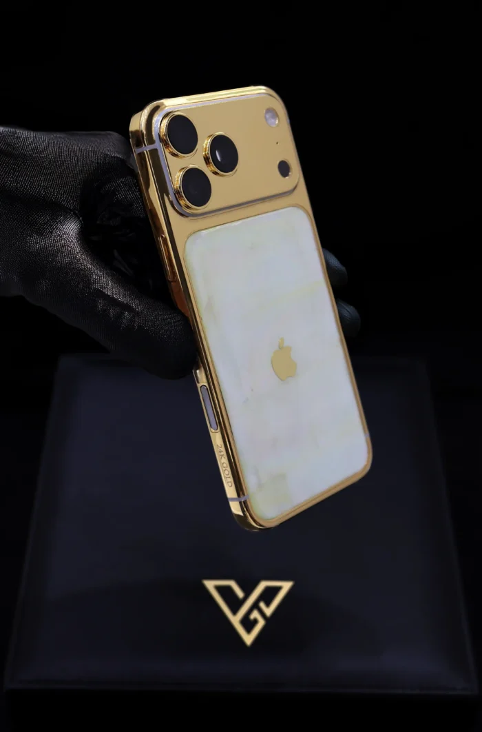 Mother of pearl and gold custom iPhone customisation by Leronza