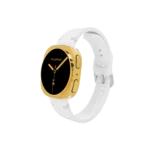 Gold Samsung Galaxy Watch9 White Sport Band showing a 24K Gold case on Samsung's white band