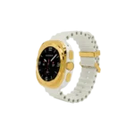 Gold Samsung Galaxy Watch Ultra2 White Marine Band with a plated bezel and buttons on the white perforated band