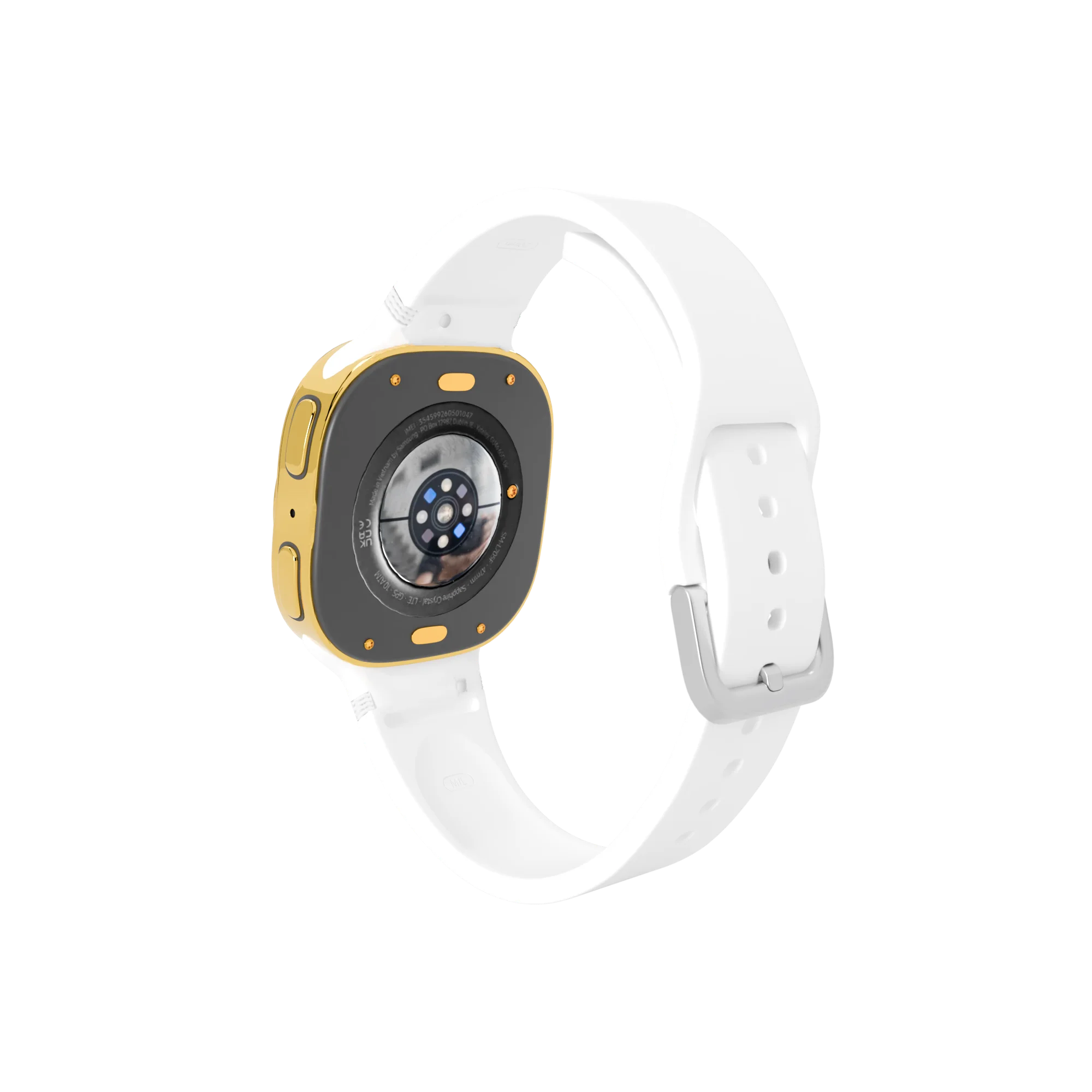 Gold Samsung Galaxy Watch9 White Sport Band rear view showing Samsung's sensor back and the white band's buckle