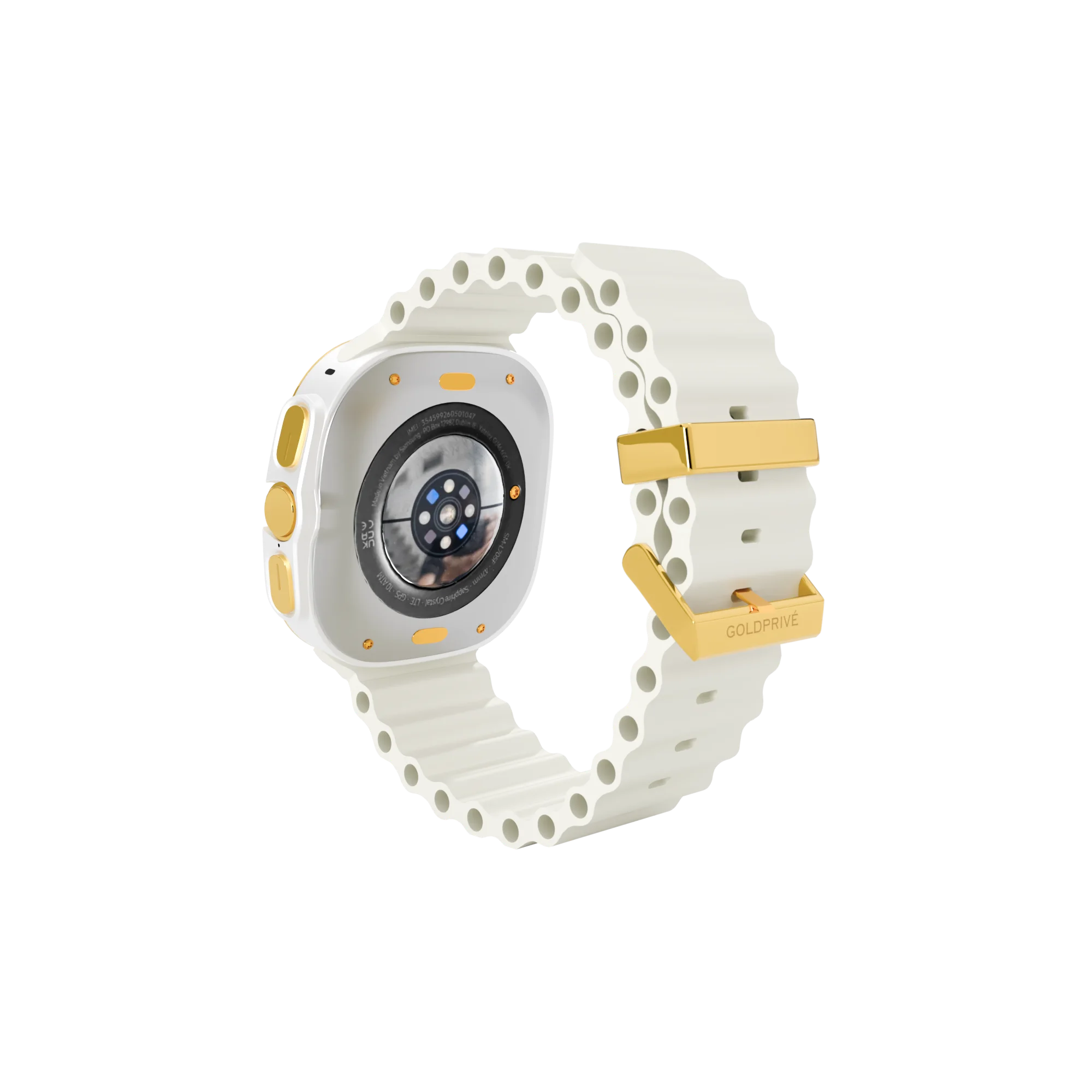 Gold Samsung Galaxy Watch Ultra2 White Marine Band seen from the back, with Samsung's sensor back and the plated buckle and loop