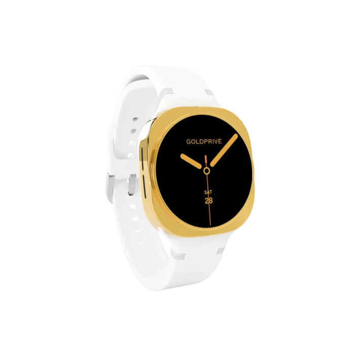 Gold Samsung Galaxy Watch9 White Sport Band shown from another angle