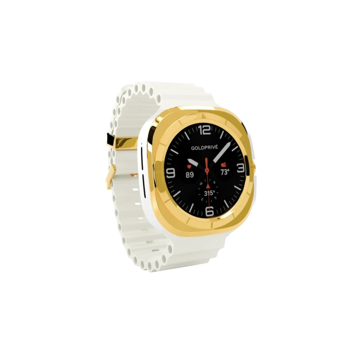 Gold Samsung Galaxy Watch Ultra2 White Marine Band shown from another angle