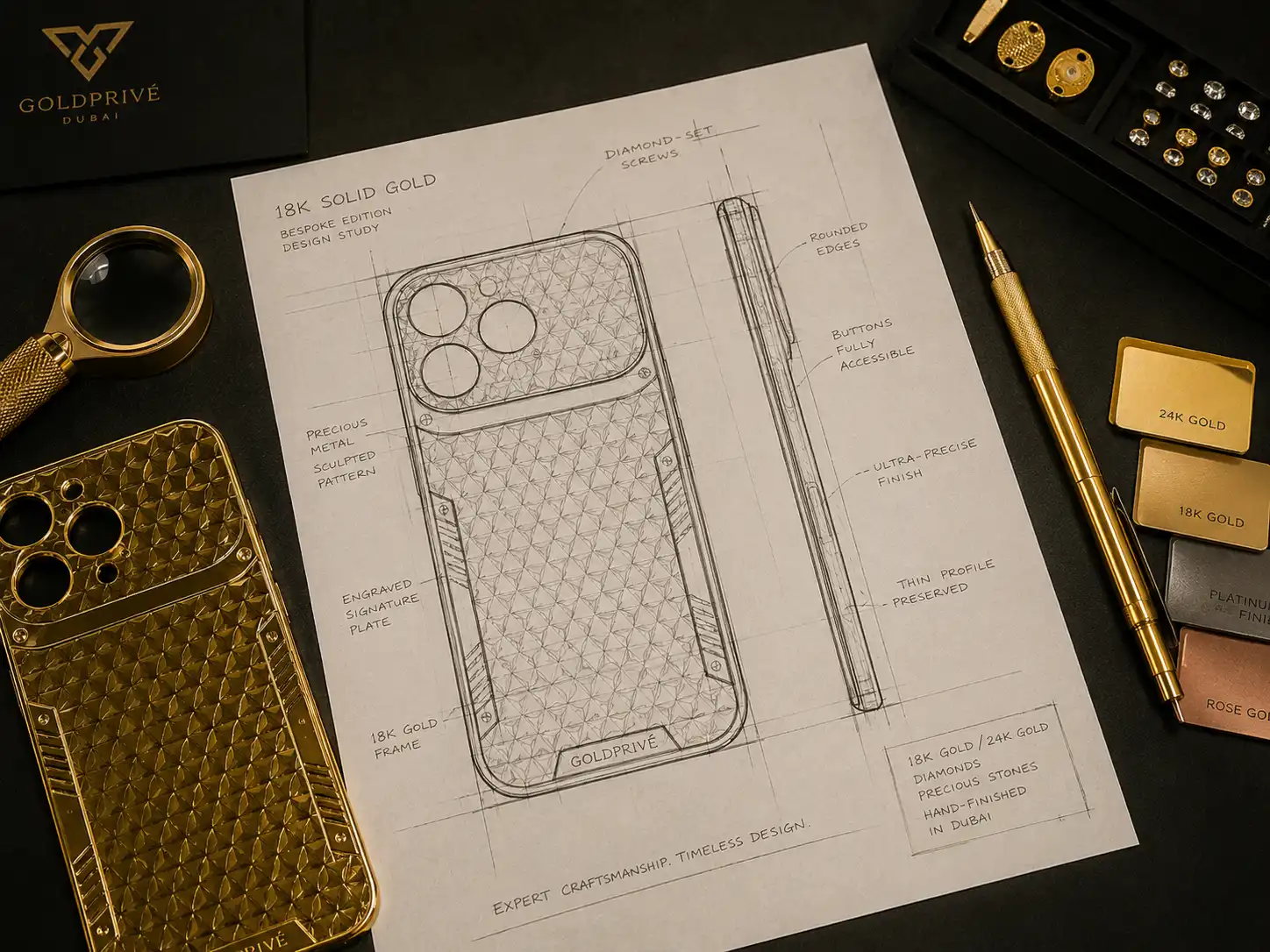 GoldPrivé Artisan 24K Gold iPhone 18 Pro Max casing design in three finishes