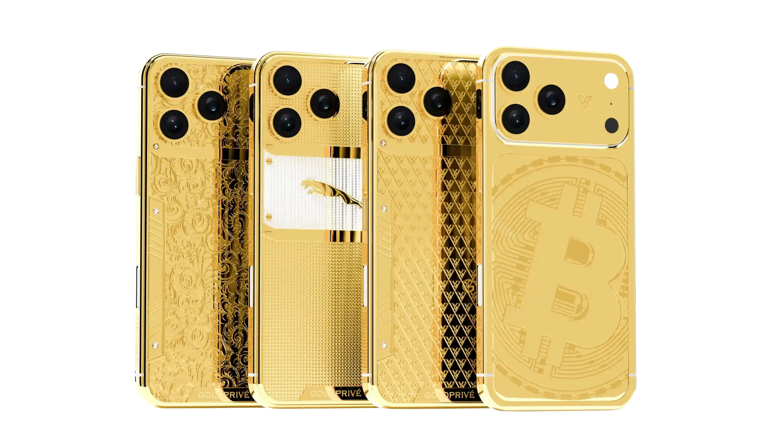 24K Gold iPhone 18 Pro and Pro Max collection by GoldPrivé - four gold editions shown from the rear