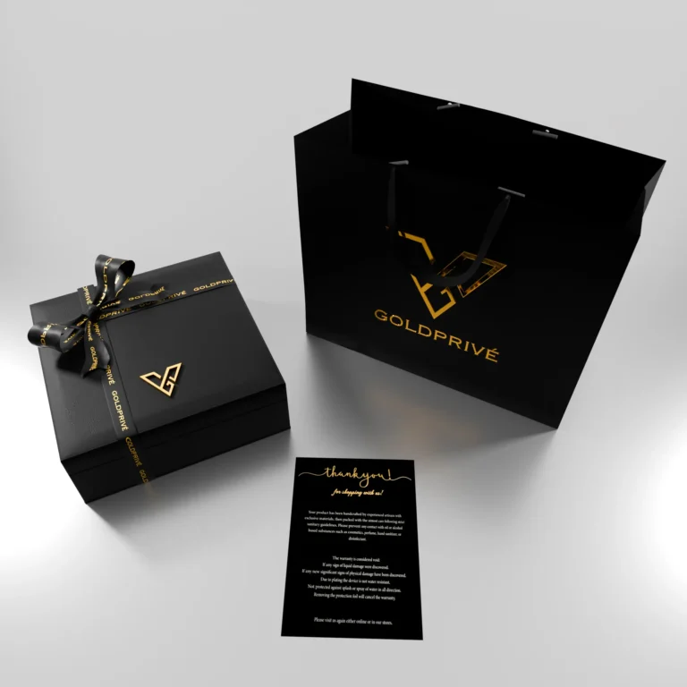 GoldPrivé black presentation box with gift bag and thank-you card