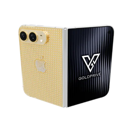 Supernova Gold iPhone Duo partly opened, with diamonds across the gold back plate and a pavé Apple logo