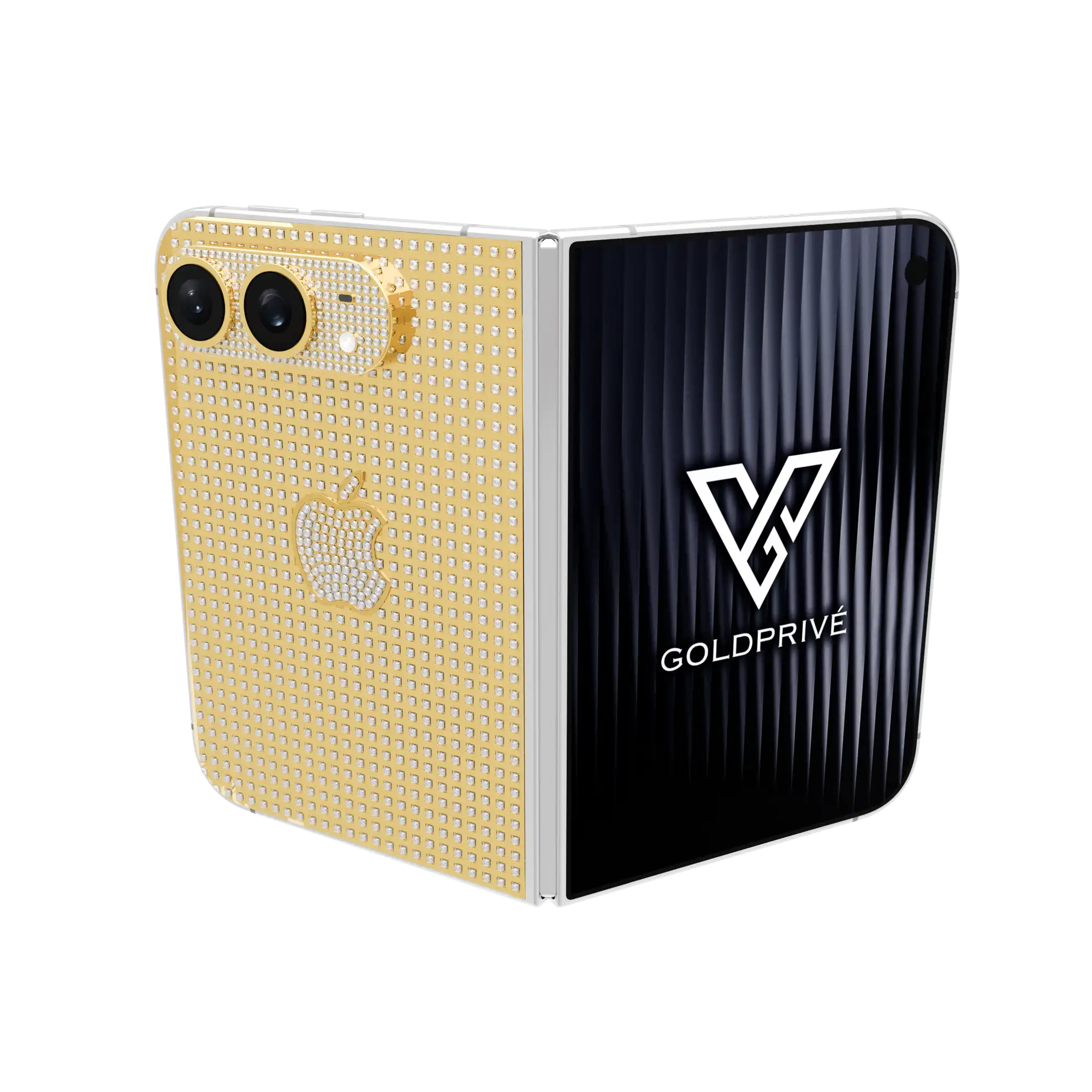 Supernova Gold iPhone Duo 01 Supernova Gold iPhone Duo partly opened, with diamonds across the gold back plate and a pavé Apple logo