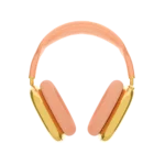 Gold AirPods Max 2 Orange front view, a peach-orange headband curving over two polished 24K Gold ear cups and matching cushions