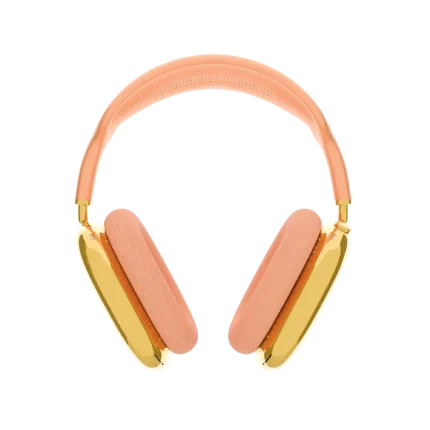 Gold AirPods Max 2 Orange front view, a peach-orange headband curving over two polished 24K Gold ear cups and matching cushions