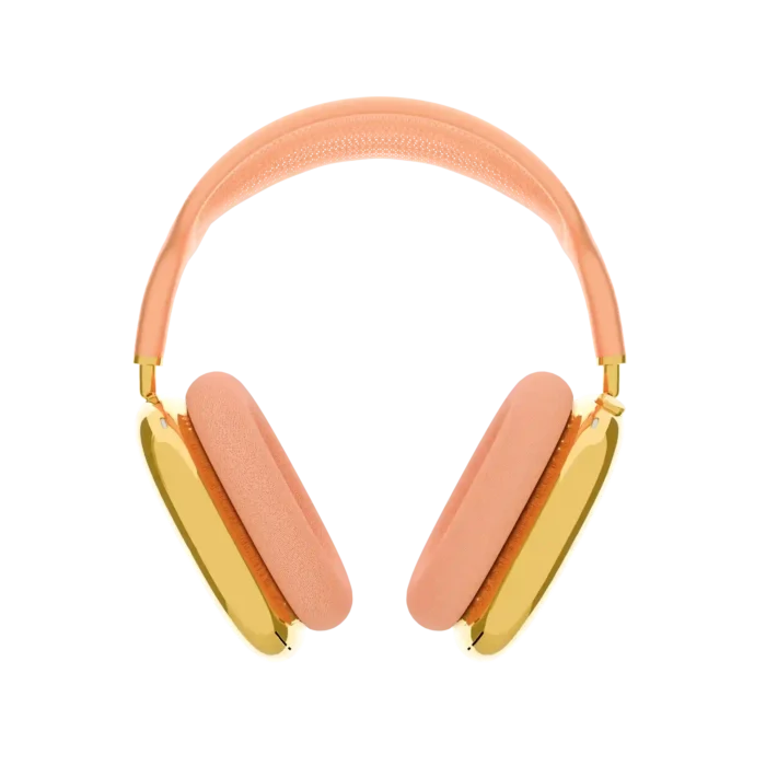 Gold AirPods Max 2 Orange front view, a peach-orange headband curving over two polished 24K Gold ear cups and matching cushions