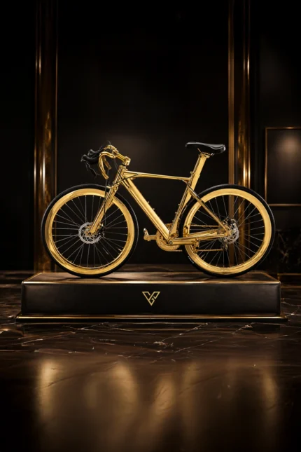 24K Gold Men's Racing Bike on a black display plinth, gold frame, rims and drivetrain with a black saddle