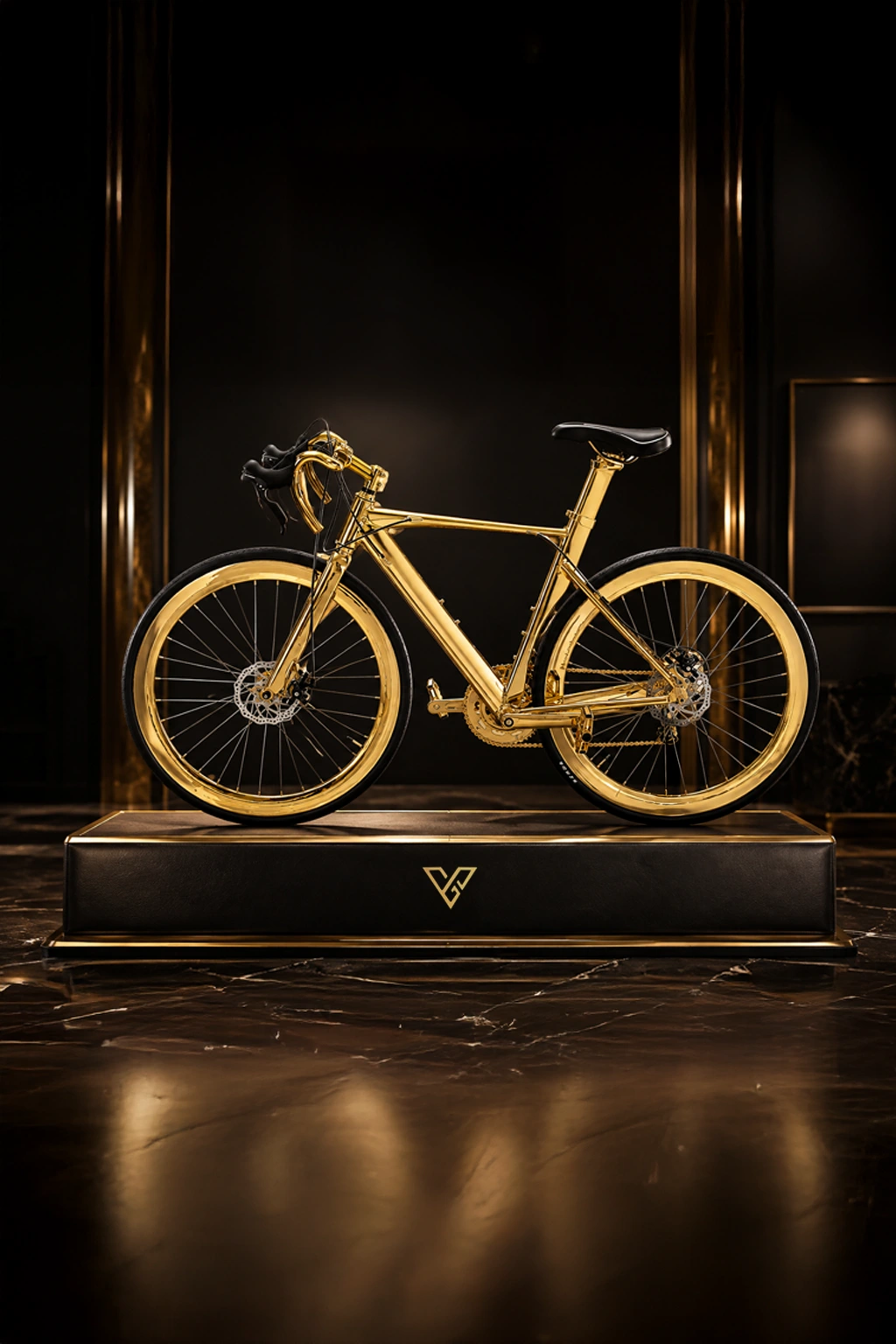24K Gold Racing Bike on a black display plinth, the gold frame, rims and drivetrain above a black saddle