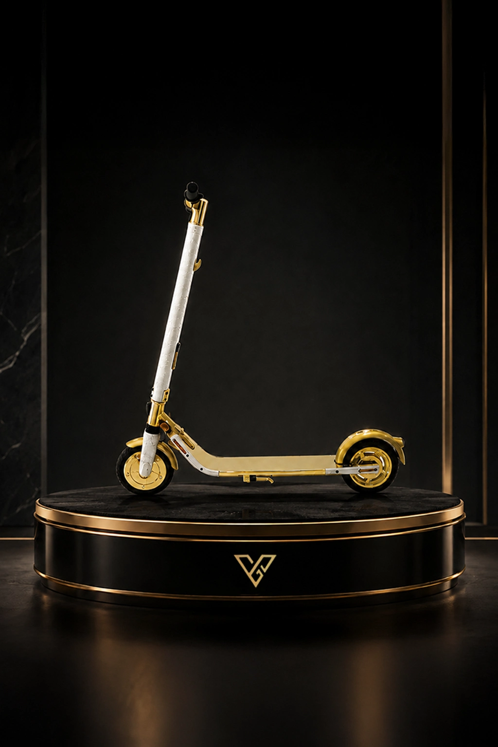 24K Gold Segway on a round black plinth, the gold deck and wheels below a crystal-set steering column