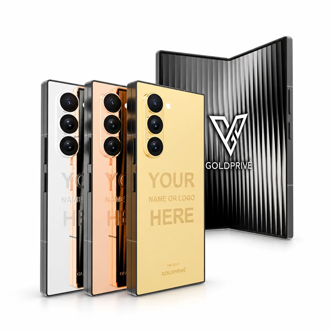 Gold Plated Galaxy Z Fold8 Ultra Elite backs showing where a name or logo can be engraved