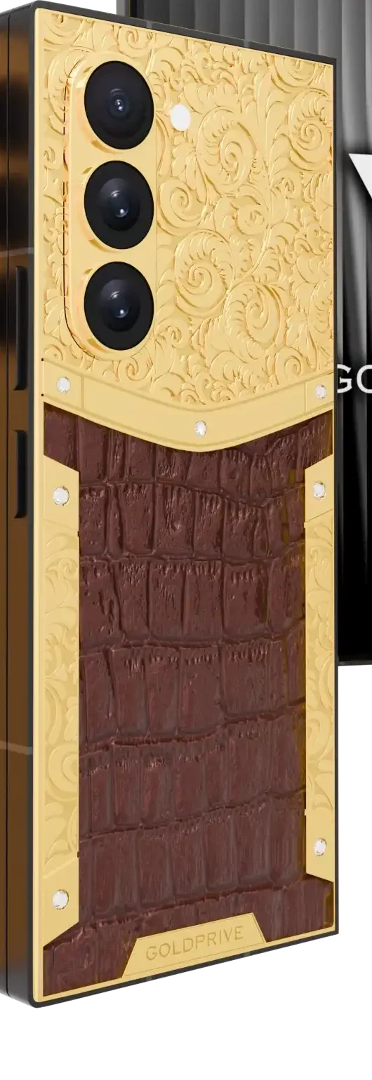 Exotic Royale Gold Galaxy Z Fold8 Ultra close-up in 24K Gold, where the engraved scroll band meets the crocodile leather
