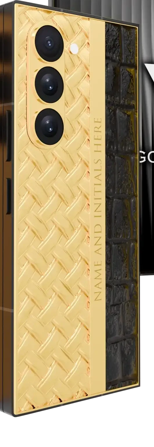 Knots & Leather Gold Galaxy Z Fold8 Ultra close-up in 24K Gold: woven lattice, engraving divider and black crocodile leather