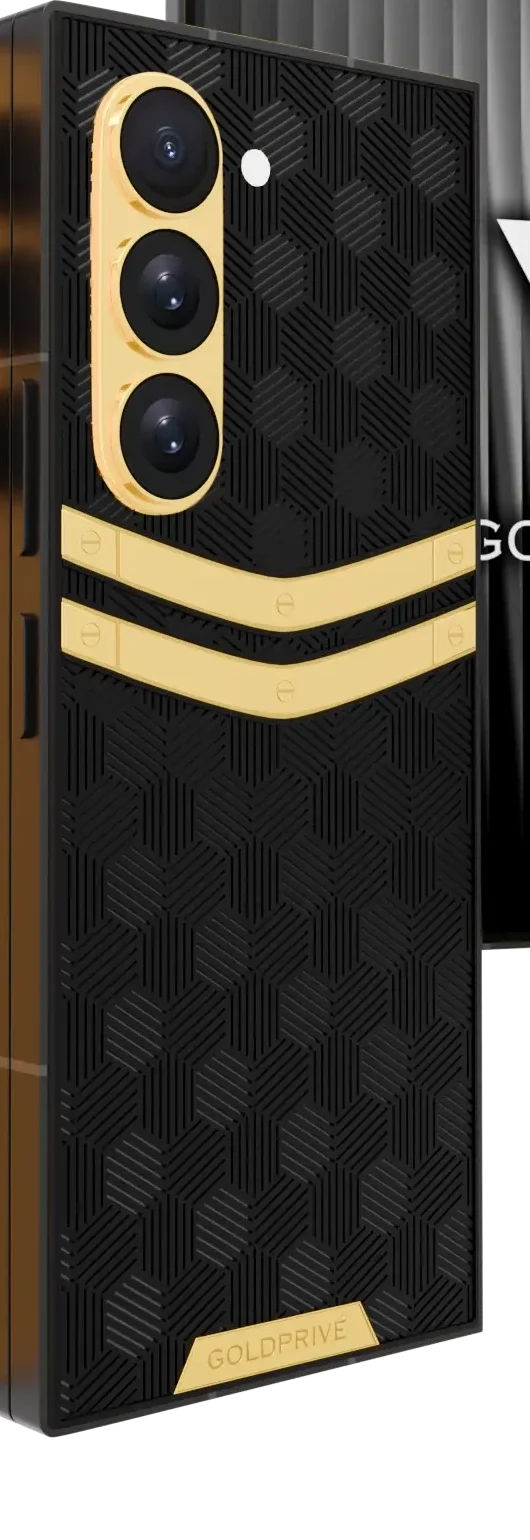 Nucleus 2.0 Gold Galaxy Z Fold8 Ultra close-up of two 24K Gold chevron bars on the dark textured panel
