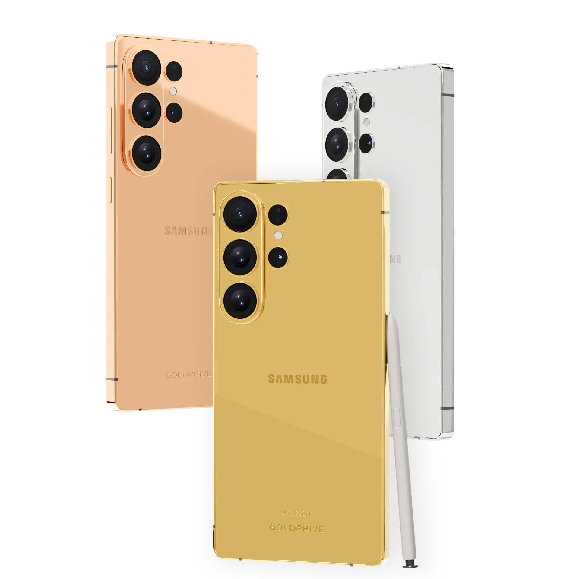 GoldPrivé Elite 24K Gold Samsung Galaxy S26 Ultra shown in 24K Gold, Rose Gold and Platinum finishes