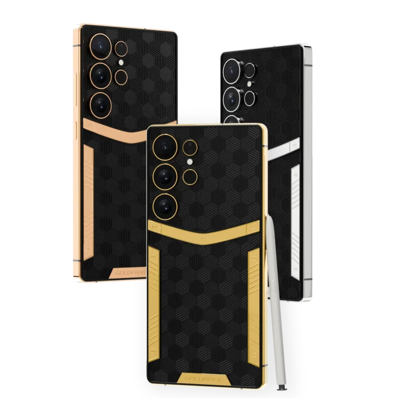 Nucleus 1.0 Gold Galaxy S26 Ultra with a plated chevron and side rails on black textured backs in three metals