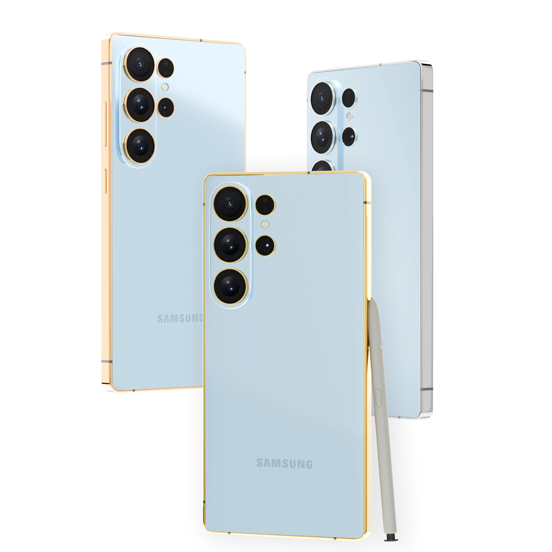 Sky Blue Galaxy S26 Ultra Gold Frame shown three ways: 24K Gold in front, Rose Gold and Platinum behind, with the S Pen