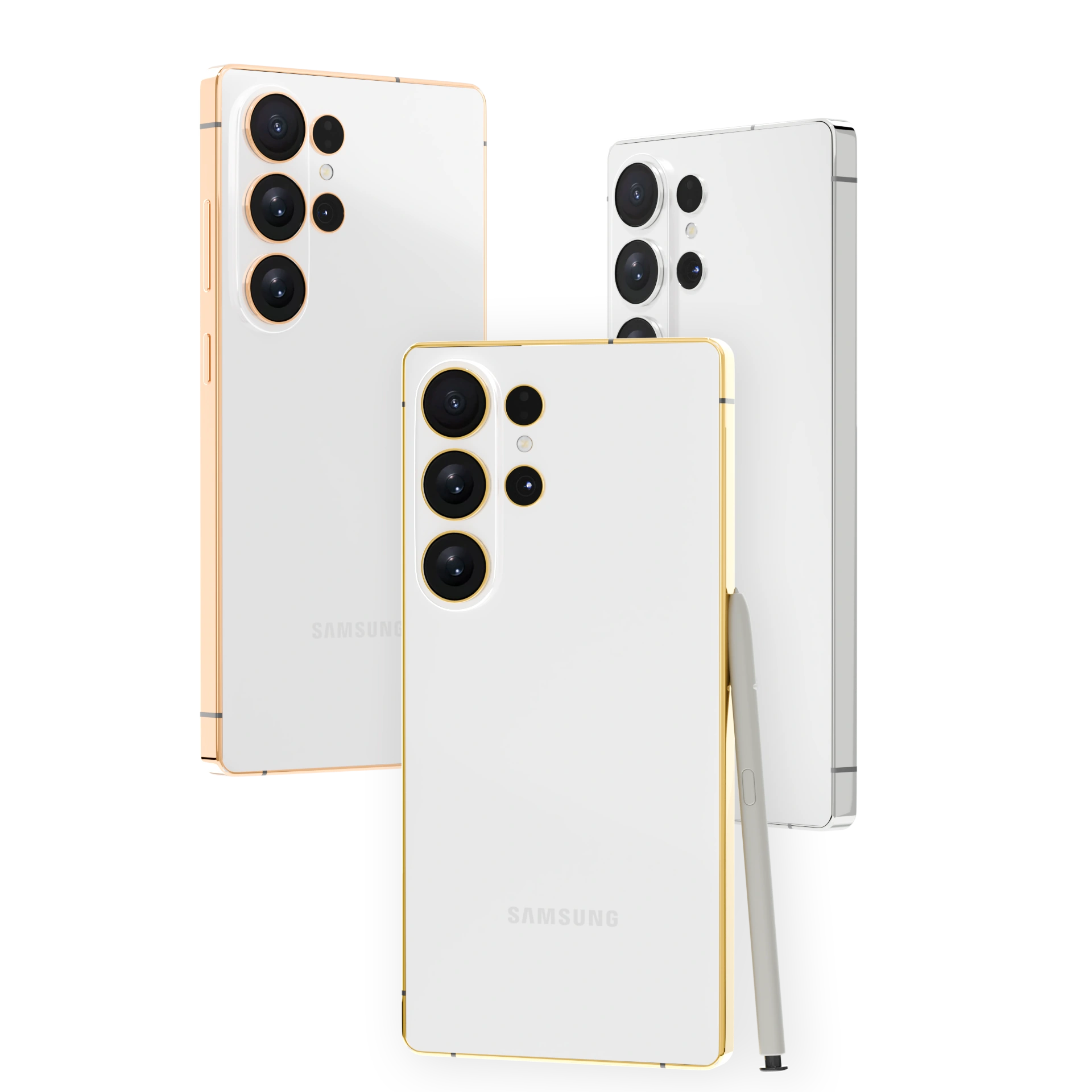 White Galaxy S26 Ultra Gold Frame backs with 24K Gold, Rose Gold and Platinum frames, and the S Pen beside them
