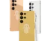 Gold Samsung Galaxy S26 Ultra in Seraphic Hamsa design: three plated backs in Rose Gold, 24K Gold and Platinum with the S Pen