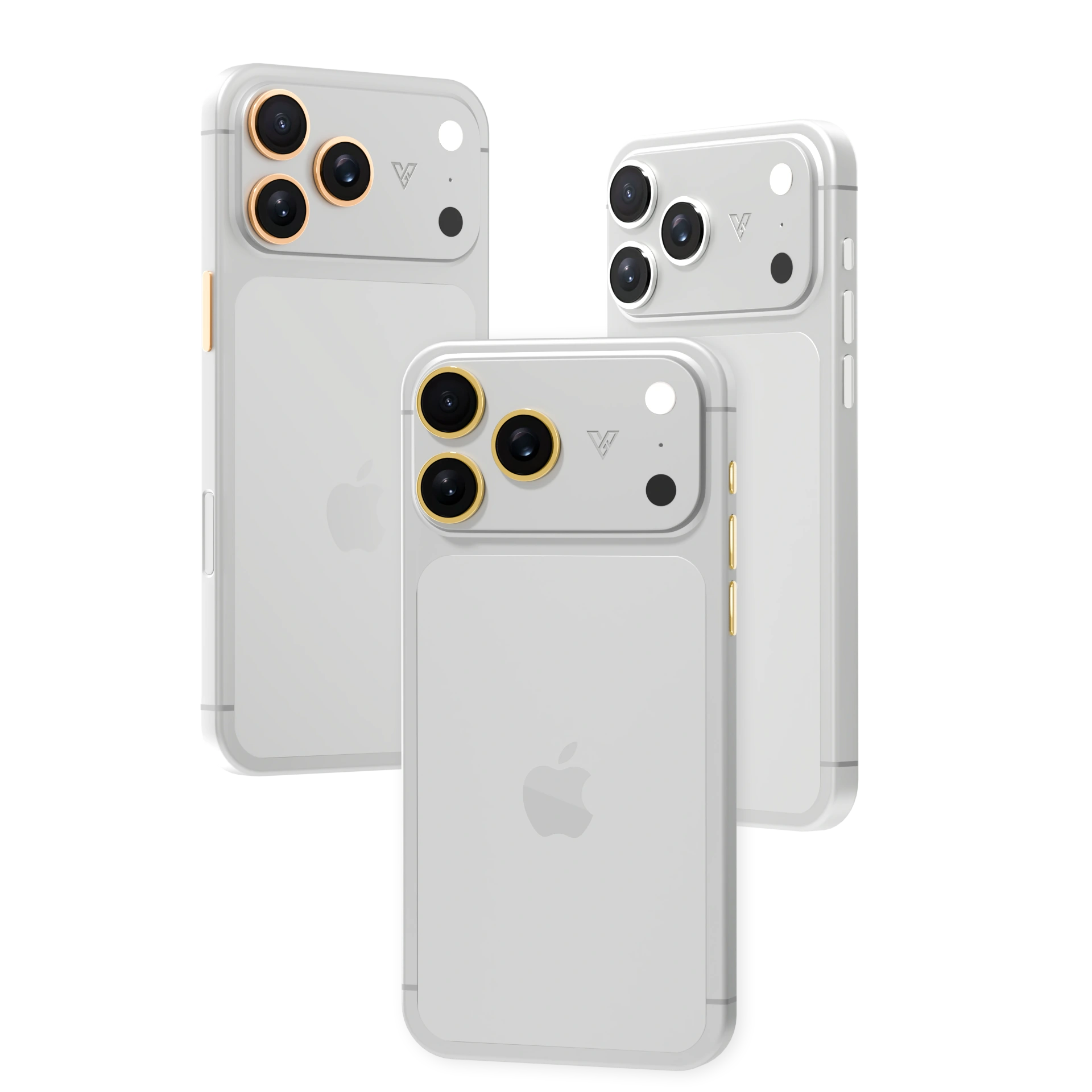 Silver iPhone 18 Pro Max Gold Accents with plated camera rings and side buttons