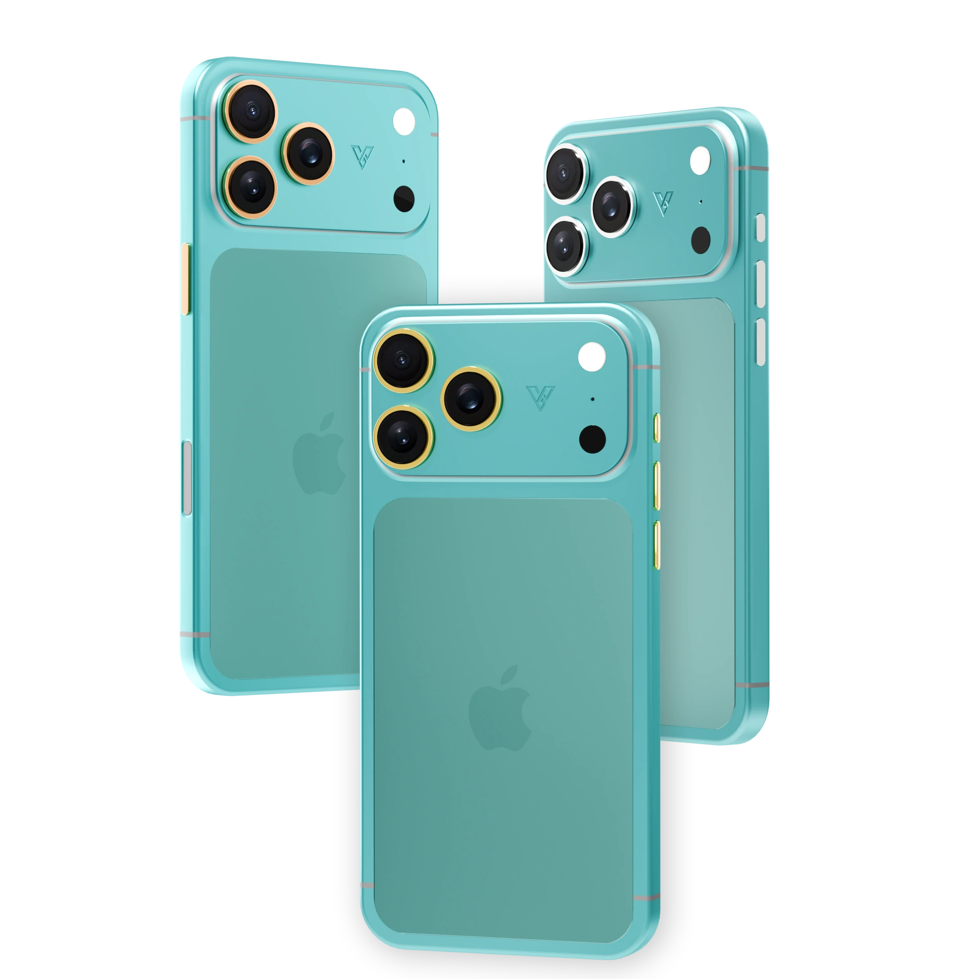 Matte Aqua iPhone 18 Pro Max with plated camera rings and side buttons