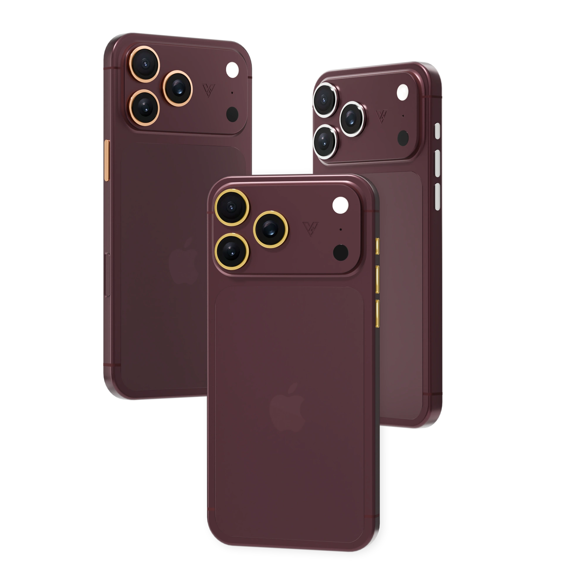 Burgundy iPhone 18 Pro Max Gold Accents with plated camera rings and buttons