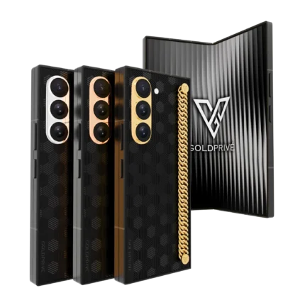 Nexus Link Gold Galaxy Z Fold8 Ultra in Platinum, Rose Gold and 24K Gold, with a curb chain along the dark hexagon-textured back panel