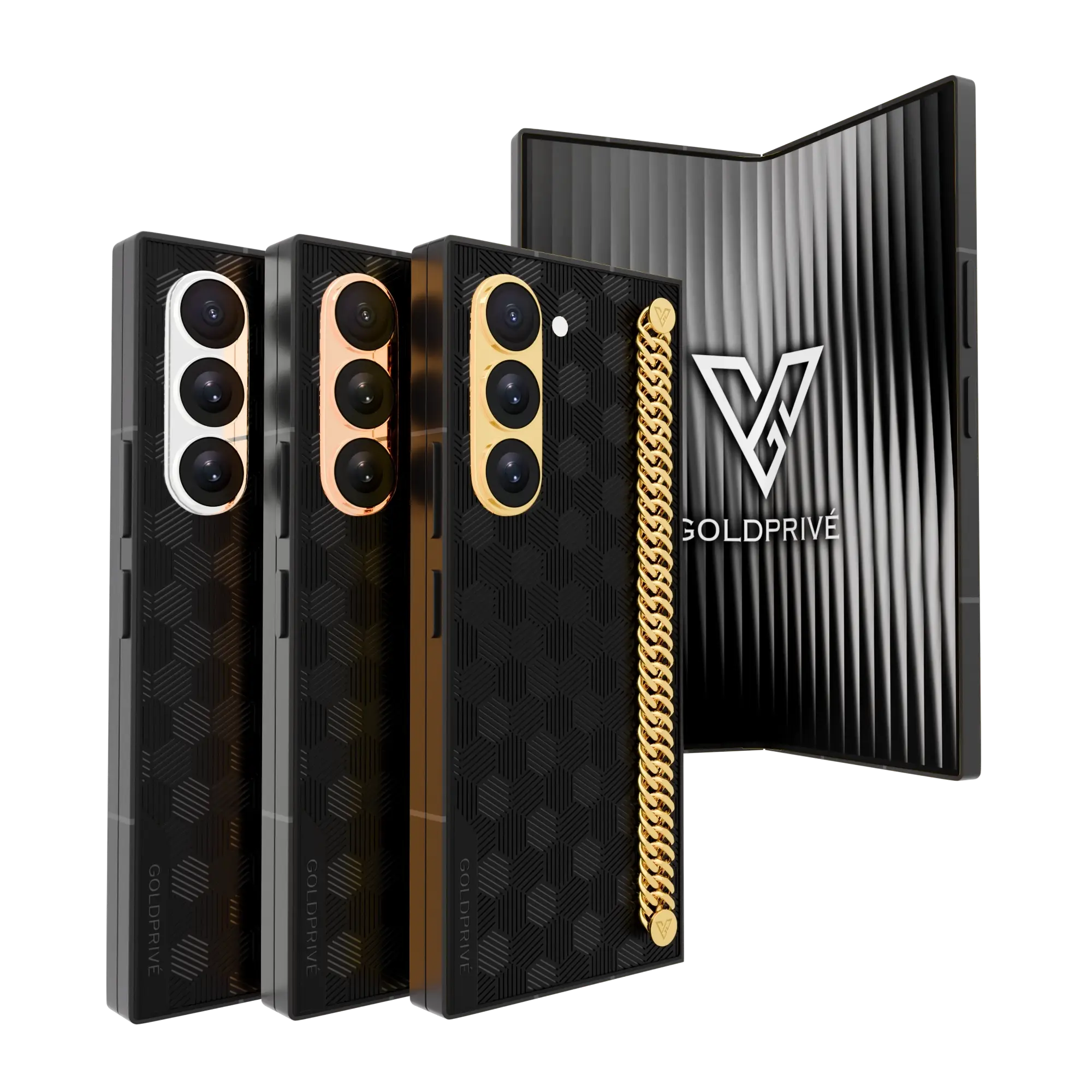 Nexus Link Gold Galaxy Z Fold8 Ultra in Platinum, Rose Gold and 24K Gold, with a curb chain along the dark hexagon-textured back panel