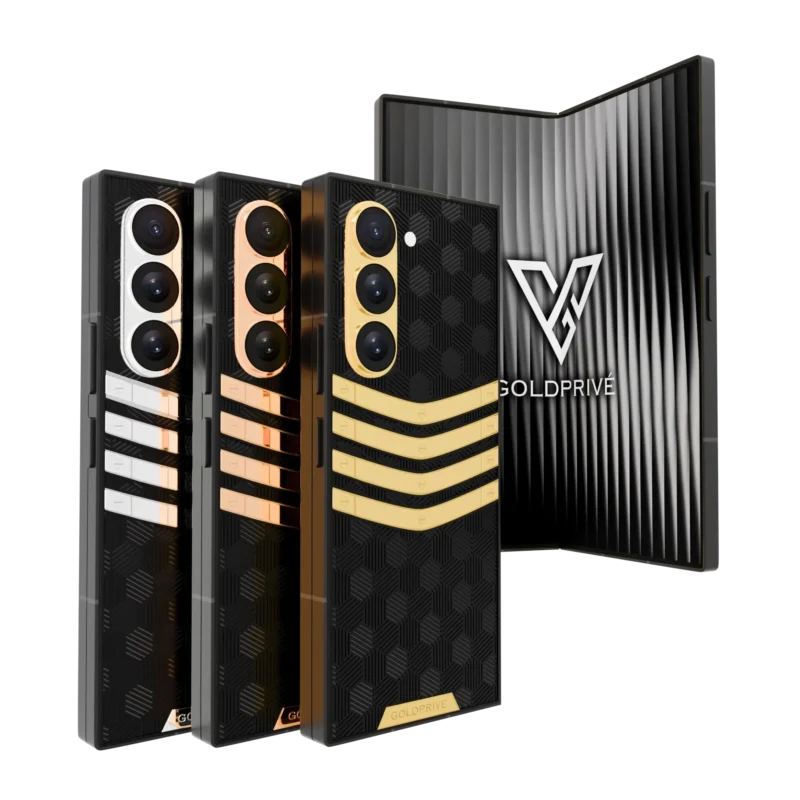 Nucleus 3.0 Gold Galaxy Z Fold8 Ultra with four chevron bars on black textured backs in three metals