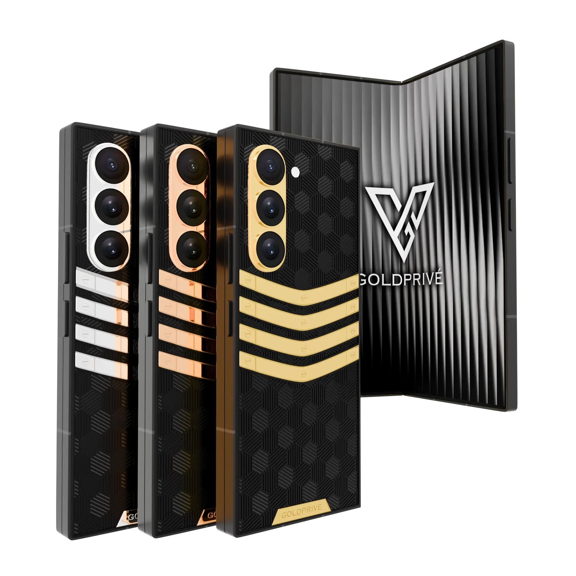 Nucleus 3.0 Gold Galaxy Z Fold8 Ultra with four chevron bars on black textured backs in Platinum, Rose Gold and 24K Gold, an open foldable behind