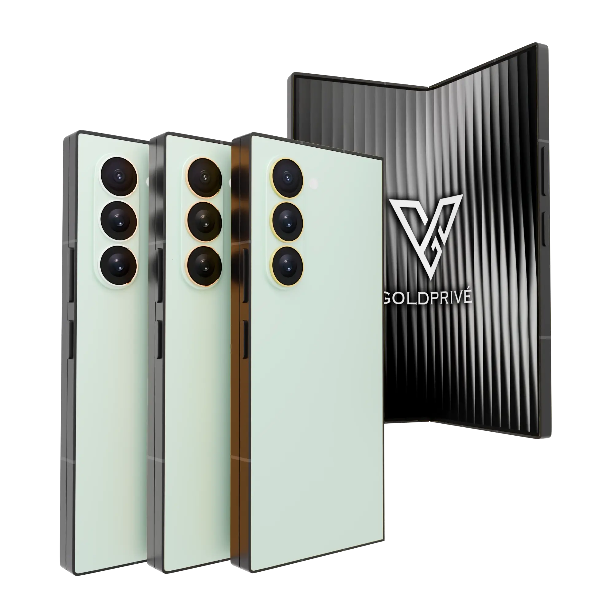 Mint Galaxy Z Fold8 Ultra Gold Accents: three pale green backs with 24K Gold, Rose Gold and Platinum lens rings, and an unfolded phone standing behind