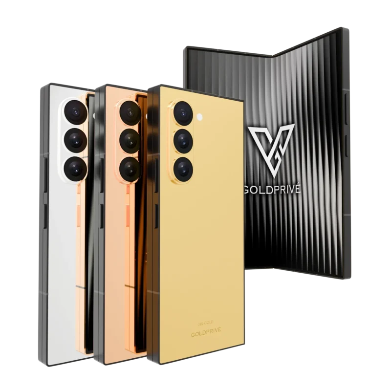 GoldPrivé Gold Samsung Galaxy Z Fold8 Ultra in platinum, rose gold and 24K gold finishes with GoldPrivé presentation box