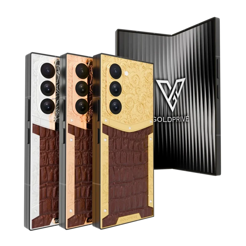 GoldPrivé Exotic Royale Gold Samsung Galaxy Z Fold8 Ultra with leather back in three finishes