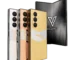 Imperial Gold Galaxy Z Fold8 Ultra with a jaguar emblem on a white-metal chevron, shown in Platinum, Rose Gold and 24K Gold before an unfolded phone