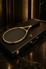 24K Gold Tennis Racket resting on its black leather case, the gold frame and string bed above a dark leather grip