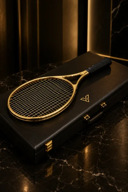 24K Gold Tennis Racket resting on its black leather case, the gold frame and string bed above a dark leather grip