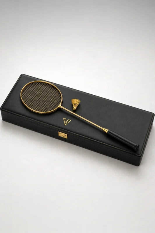 24K Gold Badminton Set resting on its black case, the gold racket beside the matching gold shuttlecock