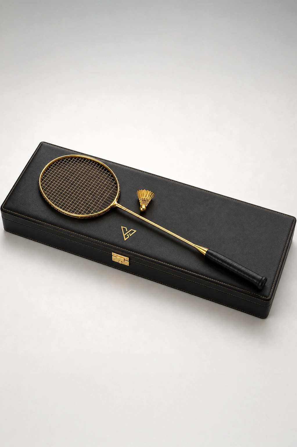 24K Gold Badminton Set resting on its black case, the gold racket beside the matching gold shuttlecock