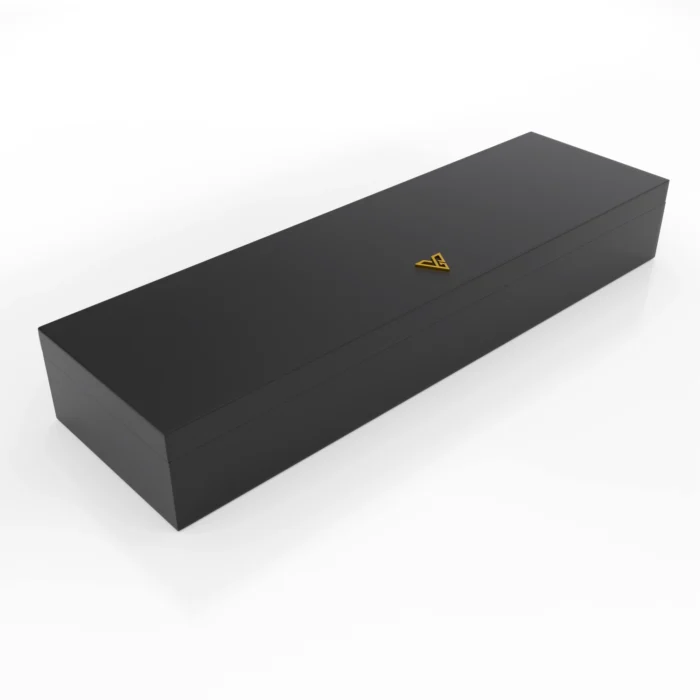 The closed black presentation case for the 24K Gold Badminton Set with the gold GoldPrive emblem on the lid
