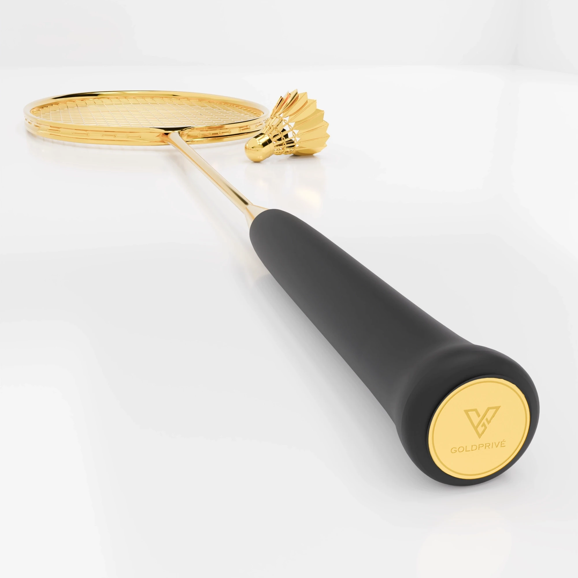 Close-up of the 24K Gold Badminton Set grip, the gold medallion engraved GoldPrivé set into its end