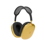 Gold AirPods Max 2 Midnight in three-quarter view, polished 24K Gold ear cups with a maker's mark beneath a near-black canopy and dark cushions