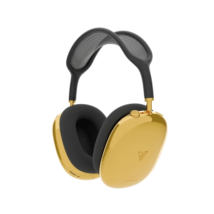Black_01 Gold AirPods Max 2 Midnight in three-quarter view, polished 24K Gold ear cups with a maker's mark beneath a near-black canopy and dark cushions