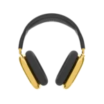 Gold AirPods Max 2 Midnight straight on, a near-black headband arching over two mirror 24K Gold ear cups and dark grey cushions