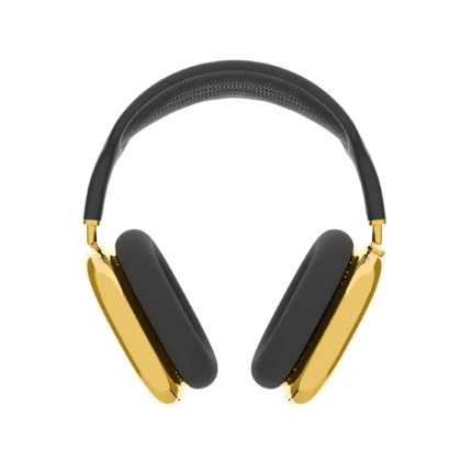 Gold AirPods Max 2 Midnight straight on, a near-black headband arching over two mirror 24K Gold ear cups and dark grey cushions